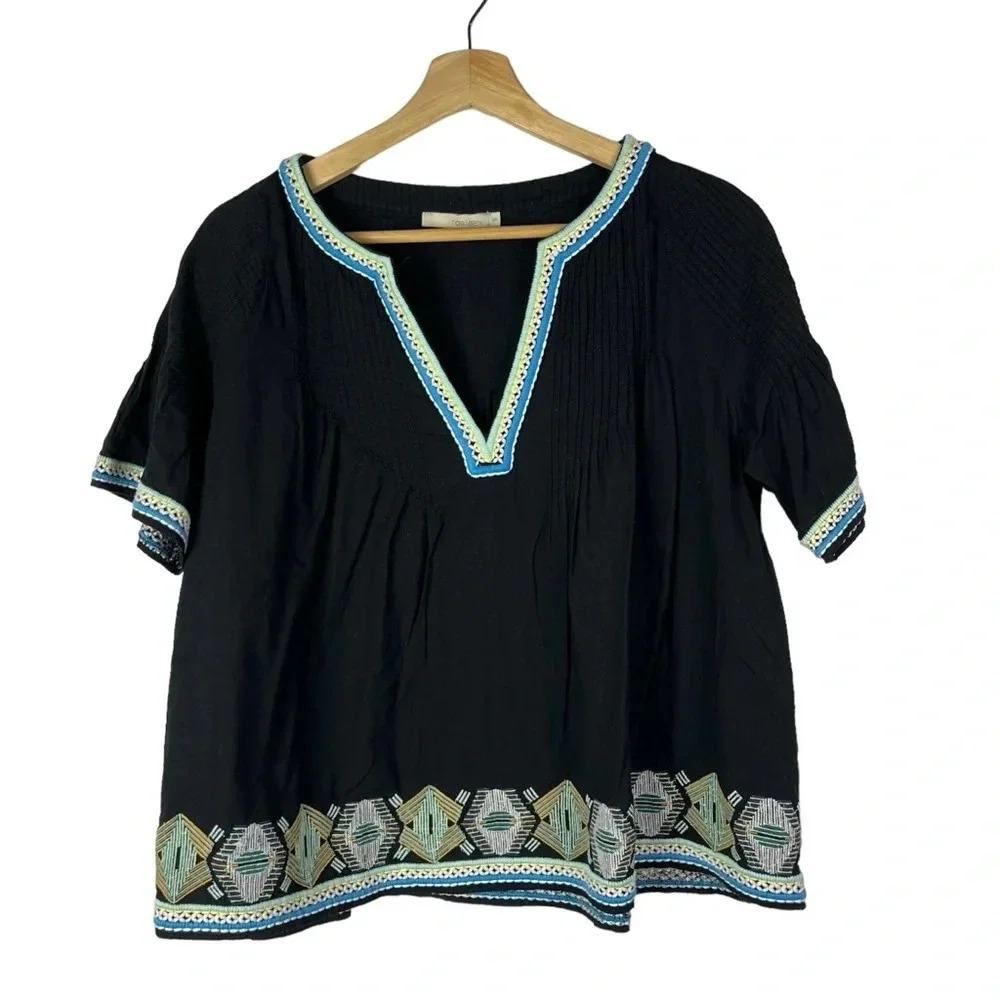 Townsen Black & Blue Embroidered Trim Short Sleeve Blouse S